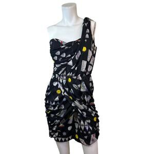 Mara Hoffman Black One Shoulder Faux Wrap Fun Novelty Pattern Dress sz 8